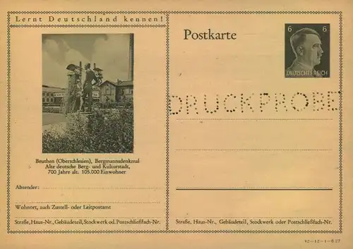 6 Pfg. Hitler Bildganzsche gelocht "DRUCKPROBE" , Beuthen Bergmannsdenkmal (P305)
