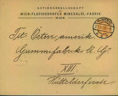 1906, privater Ganzsachenumschlag "WIEN-FLORIDSDORFER MINERALÖL-FABRIK, 5 H. Türbogenmuster