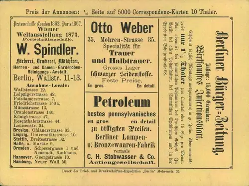 1874, Annoncenkarte DRUCKSCHRIFTEN-EXPEDITION BERLIN, gebraucht - selten