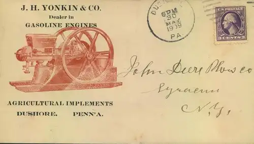 1909, advertising envelope "GASOLINE ENGINES", "AGRICULTURAL IMPLEMENTS"-Dushore, Penn' a, USA