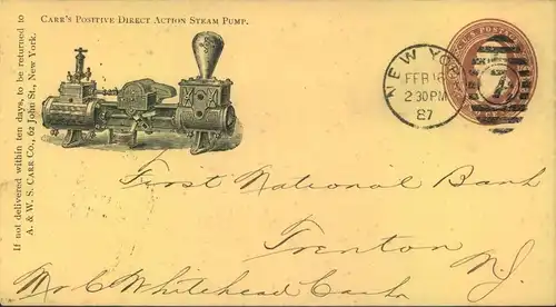 1887, beautiful stat. envelope advertising steam pump sent with NEW YORK Duplex