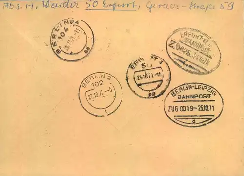 1971, 30 Pfg. Pariser Kommeune (Mi-Nr. 1658) 3-mal auf Eilbrief 2. Gewicht ab ERFURT