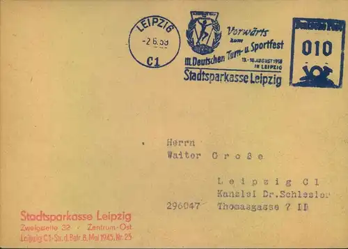 1958, blauer Freistempel "II. DEUTSCHES TURN- UND SPORTFEST" Leipzig