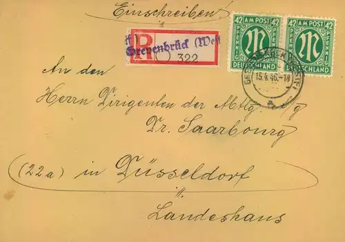 1946, Einschreiben mit 2-mal 42 Pfg. AM-Post m. Notstempel "Grevebrück (Westf.)