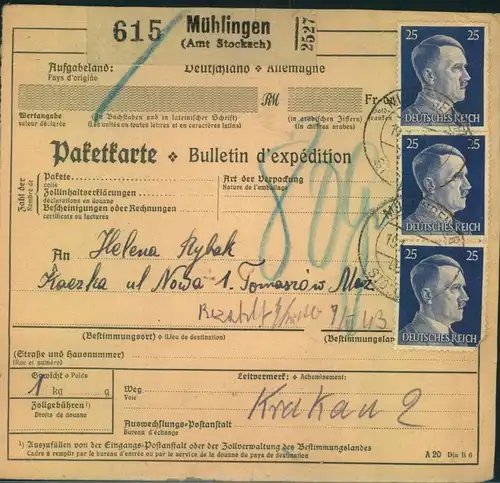 1941, Paketkarte mit 3-mal 25 Pfg. Hitler ab "Mühligen (Amt Steinach)  nach TOMASZOW (Kr. Radom)
