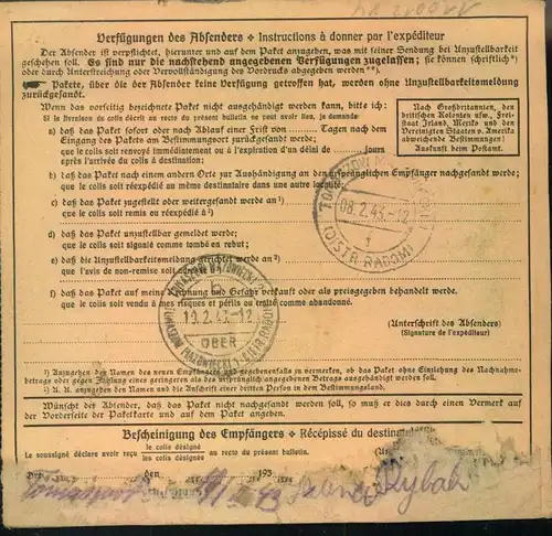 1941, Paketkarte mit 3-mal 25 Pfg. Hitler ab "Mühligen (Amt Steinach)  nach TOMASZOW (Kr. Radom)