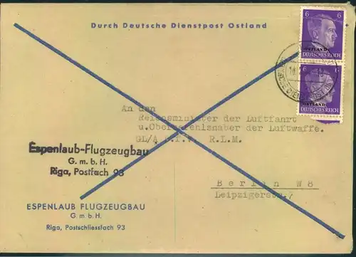 1944, "Durch Deutsche Dienstpost Ostland" Abs. "Espenlaub Flugzeugbau" RIGA an Reichsluftfahrtministerium