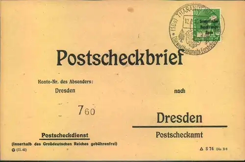 1949, Postscheckbrief mit 10 Pfg. Maschinenaufdruck, Ortsstempel THARANDT nach Dresden