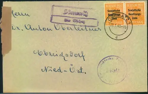 1949, Auslandsbrief mit w. Paar 25 Pfg. Maschinenaufdruck und PSt-Stempel "Sörnewitz überOschatz"