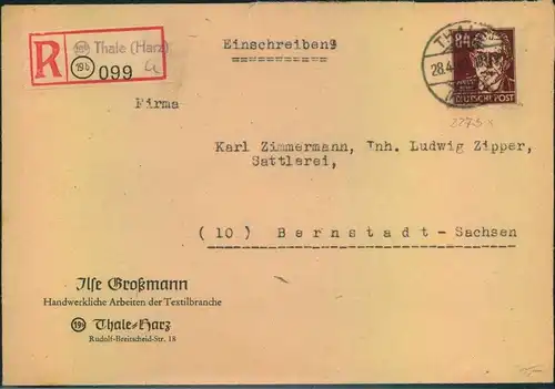 1949, Einschreiben mit 84 Pfg. Köpfe I, Not-R-Stempel "(19b) Thale (Harz)