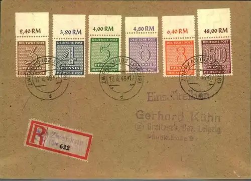 1946, WEST-SACHSEN, Ziffern komplett vom Oberrand (alle von Feld 8) ab ZWENKAU - Mi-Nr. 126/137, 3 u. 4 Pfg Y sonst X