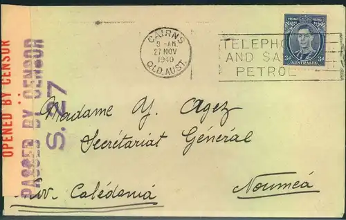 1940, letter from CAIRNS to Noumeá, NOUVELLE CALEDONIE, with scarce Cairns censor