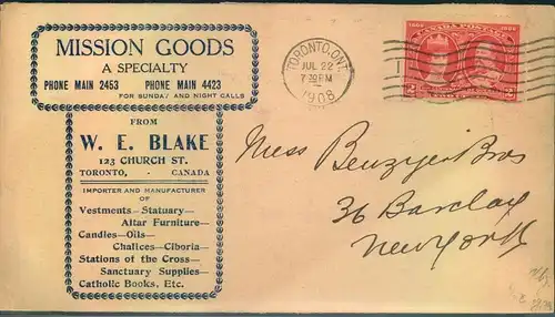 1908, CANADA - advertising envelope "Church Goods" for Church supplies