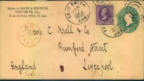 1895, uprated US Stationery envelope from FORT SMITH, Ark. with red "PAID LIVERPOOL US PACKET 1-FEB-8"