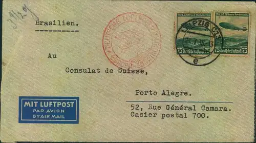 1936, Luftpostbrief des Schweizerischen Konsulats Leipzig an das Konsulat in Porto Allegre, Brasilien.