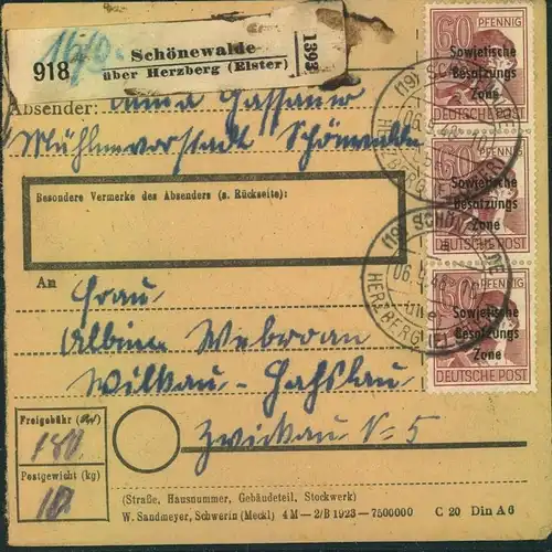 1948, 60 Pfg. Maschinenaufdruck rotbraun im senkrechten 3-er-Streifen auf Paketkarte ab "Schönwalde über Herzberg".