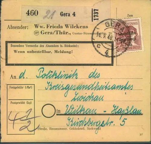 1948, 60 Pfg. Maschinenaufdruck rotbraun als Einzelfrankatur auf Paketkarte ab GERA 4