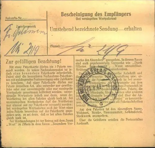 1948, 60 Pfg. Maschinenaufdruck rotbraun als Einzelfrankatur auf Paketkarte ab GERA 4