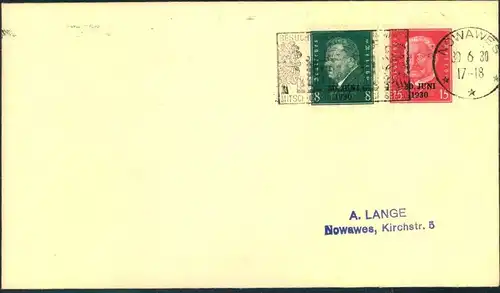 1930, Ende der Rheinlandbesetzung (Mi-Nr. 444/45) auf FDC mit Werbestempel NOWAWES 30.6.30 (200,- ME)