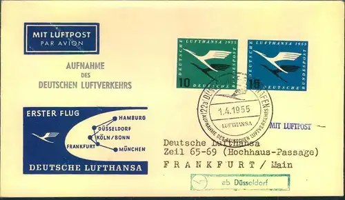 1.4.1955, 11 Erstflugbelege zur AUFNAHME DES DEUTSCHEN LUFTVERKEHRS (ex Haberer 1-18)