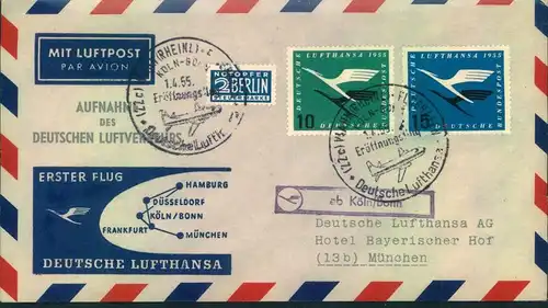 1.4.1955, 11 Erstflugbelege zur AUFNAHME DES DEUTSCHEN LUFTVERKEHRS (ex Haberer 1-18)