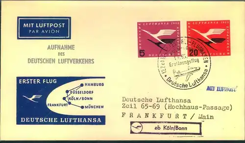 1.4.1955, 11 Erstflugbelege zur AUFNAHME DES DEUTSCHEN LUFTVERKEHRS (ex Haberer 1-18)