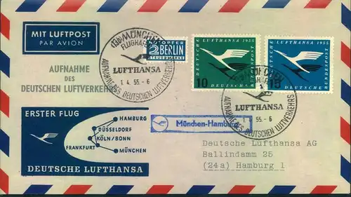 1.4.1955, 11 Erstflugbelege zur AUFNAHME DES DEUTSCHEN LUFTVERKEHRS (ex Haberer 1-18)