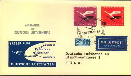 1.4.1955, 11 Erstflugbelege zur AUFNAHME DES DEUTSCHEN LUFTVERKEHRS (ex Haberer 1-18)