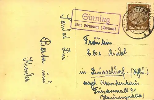 1941, Poststellenstempel "Sinnig über neuburg (Donau)