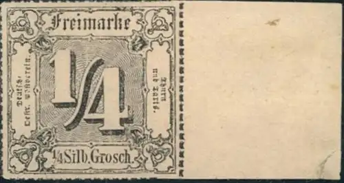 1862, 1/4 Sgr. schwarz vom rechten Rand postfrisch (Mi-Nr. 26), Luxus