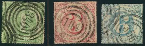 1865, 1,3 und 6 Kreuzer farbig durchstochen (Mi-Nr. 51-53)