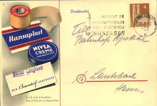 1951,Werbedrucksche "Hansaplast" und "Nivea" ab WIESBADEN - Pharmanzie, Apotheke