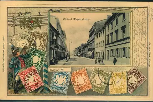 BAYREUTH, Wagnerstrasse mit Briefmarken-Darstellungen gelaufen 1904