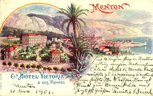 1901, ppc "Grand Hotel Victoria & des Princes" Menton sent to Passau