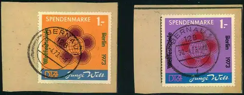 1973, beide Spendenmarken glasklar gestempelt ""BERNAU"" auf Briefstücken