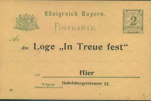 1902, BAYERN, 2 Pfg. Pribatganzache "Loge "In Treue fest" - franc maçon , freemason