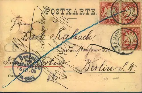 1905, Eilbotenkarte mit 3-mal 10 Pfg. Wappen ab "KEMPTEN (Schw. 3"nach Berlin