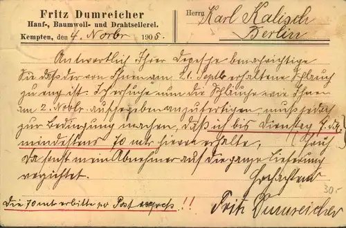 1905, Eilbotenkarte mit 3-mal 10 Pfg. Wappen ab "KEMPTEN (Schw. 3"nach Berlin