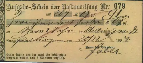 1884, Aufgab-SChein über eine Post-Anweisung ab FLADUNGEN
