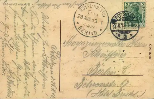 1913, HOTEL-BRISTOL BERLIN EING. seltener Hotel-Eingngsstempel auf Postkarte von Potsdam