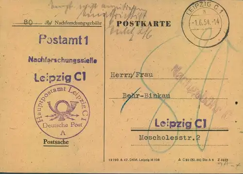 1954, 80 Pfg. Nachforschunsgebühr für Postanweisung erhoben mit Postsache von LEIPZIG C 1