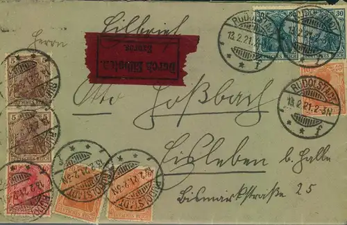 1921, Etlbotenbrief mit 4-Farben Germaniafrankatur ab RUDOLSTADT