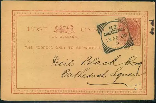 NEW ZEALAND, 1885. stationery card CHRISTCHURCH