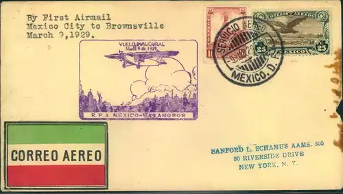 MEXICO, 1929: first flight MEXICO CITY - BRIWNSVILLE