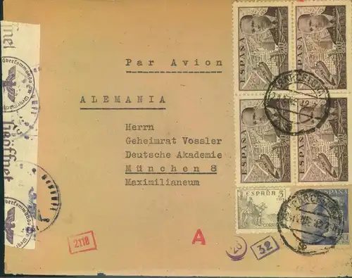 1942, airmail with German and Spanish censor.