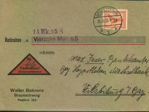 1930, 50 Pfg. Flugpost als eltene EF auf Nachnahme ab BRAUNSCHWEIG