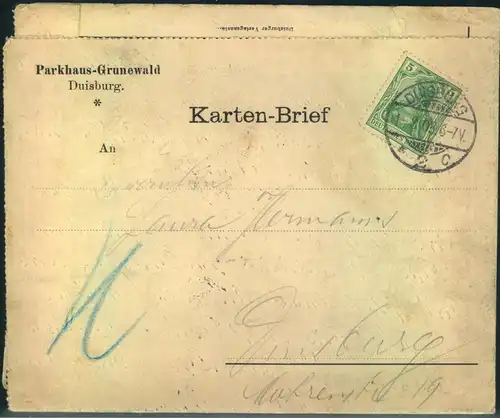 1903, Karjetbrief "Parkhaus Grunewald - Duisburg"