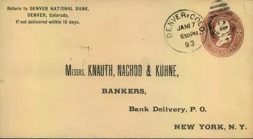 1893, stat, envelope "DENVER NATIONAL BANK" with duplex cancellation "DENVER COLO/ 2"2