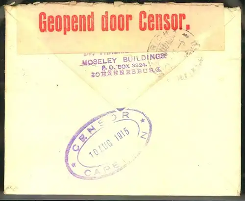 1915, envelope with CAPETOWN censor to Switzerland