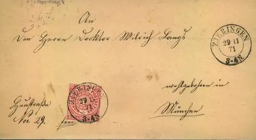1871, Reichspost-Vorläufer mit Preussen-NV "ZIEBINGEN 29/11 71"